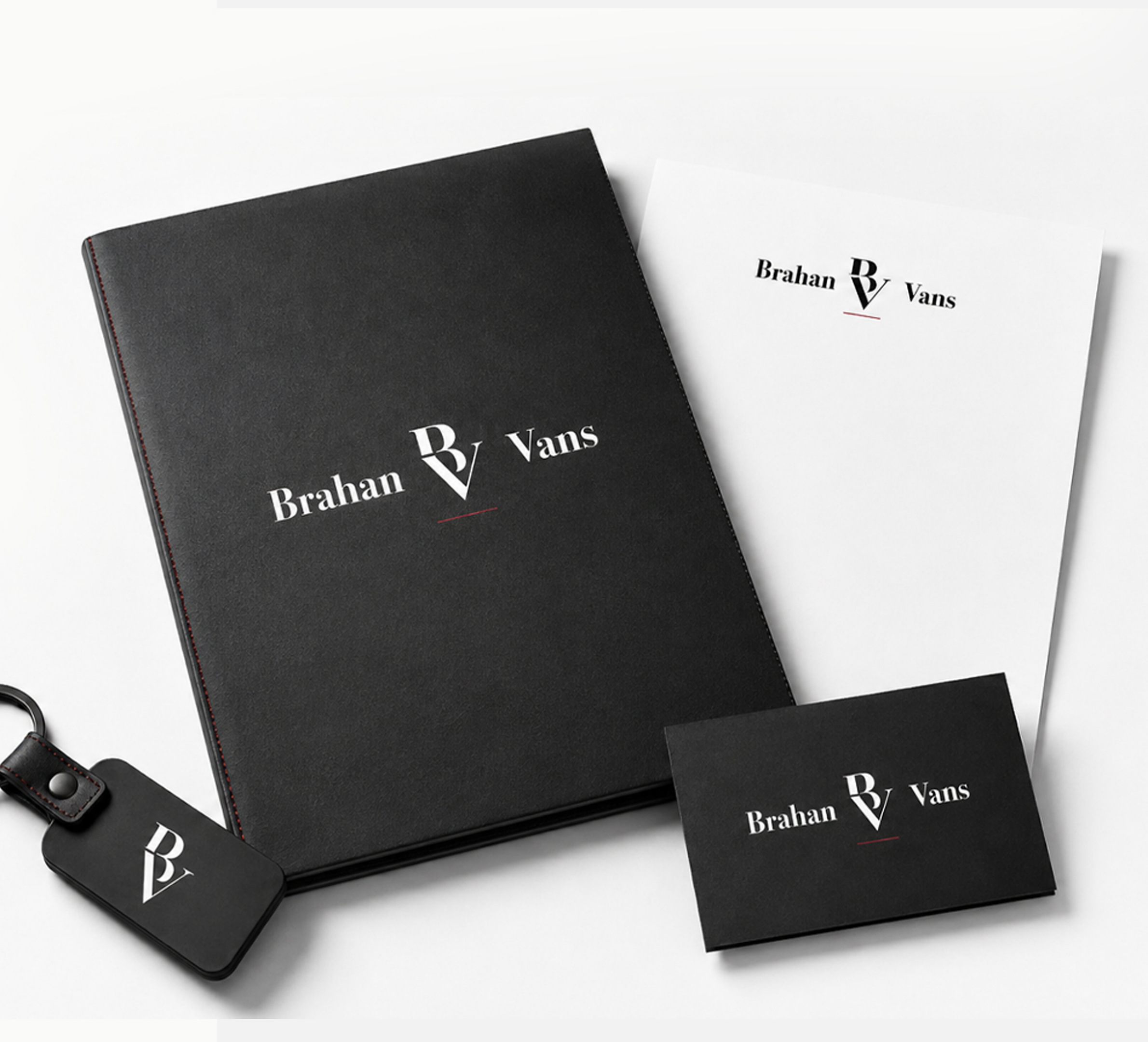 Brahan Vans premium handover folder, keyring and business card